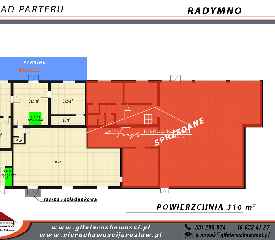 Przed budynkiem parking dla klientów ułatwia obsługę ruchu handlowego.